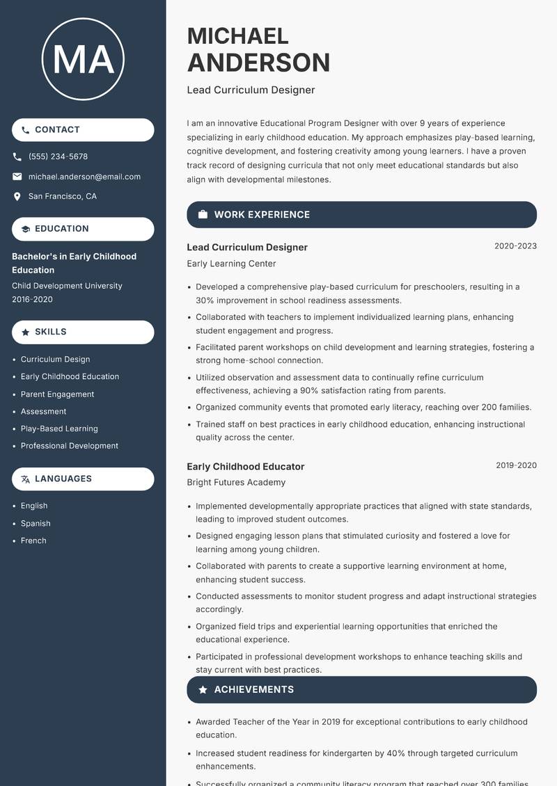 Educational Program Designer resume sample — Lead Curriculum Designer focus