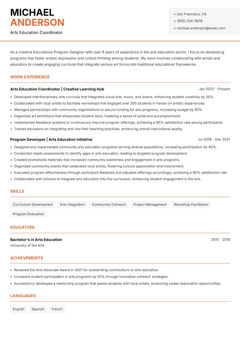 Educational Program Designer resume sample — Arts Education Coordinator focus