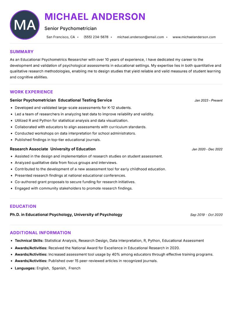 Educational Psychometrics Researcher resume example