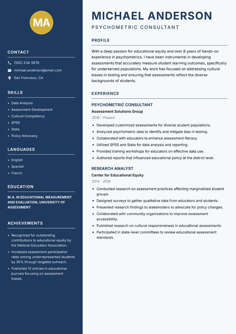 Educational Psychometrics Researcher resume sample — Psychometric Consultant focus