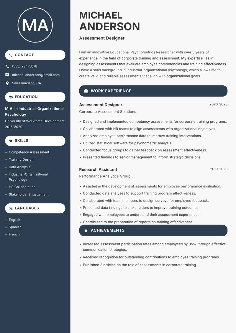 Educational Psychometrics Researcher resume sample — Assessment Designer focus
