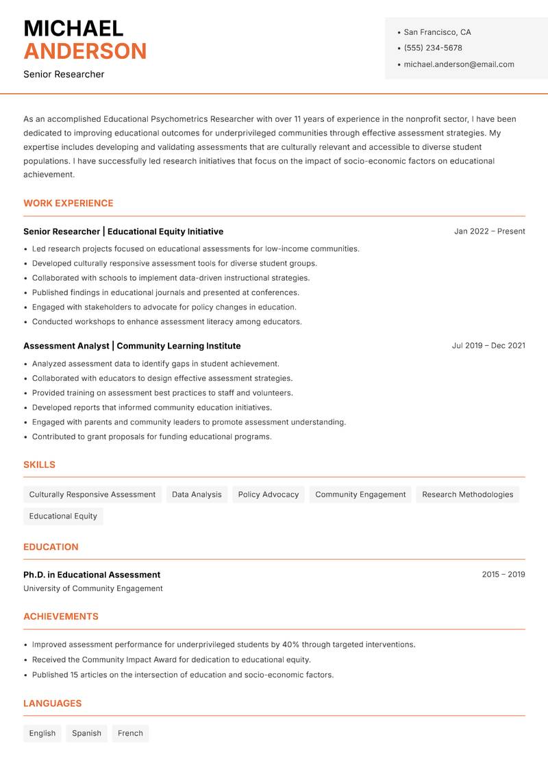 Educational Psychometrics Researcher resume sample — Senior Researcher focus
