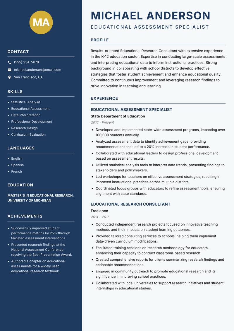 Educational Research Consultant resume sample — Educational Assessment Specialist focus