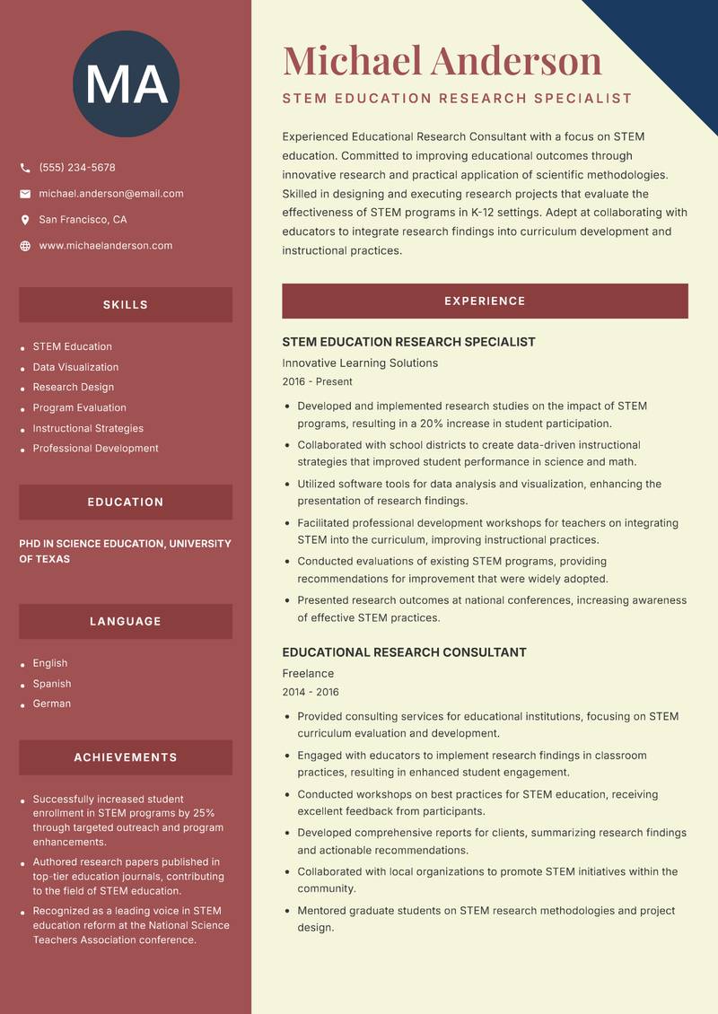 Educational Research Consultant resume sample — STEM Education Research Specialist focus