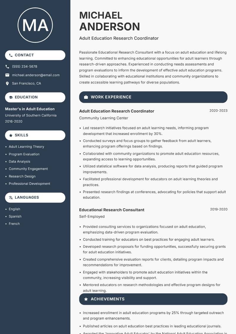 Educational Research Consultant resume sample — Adult Education Research Coordinator focus