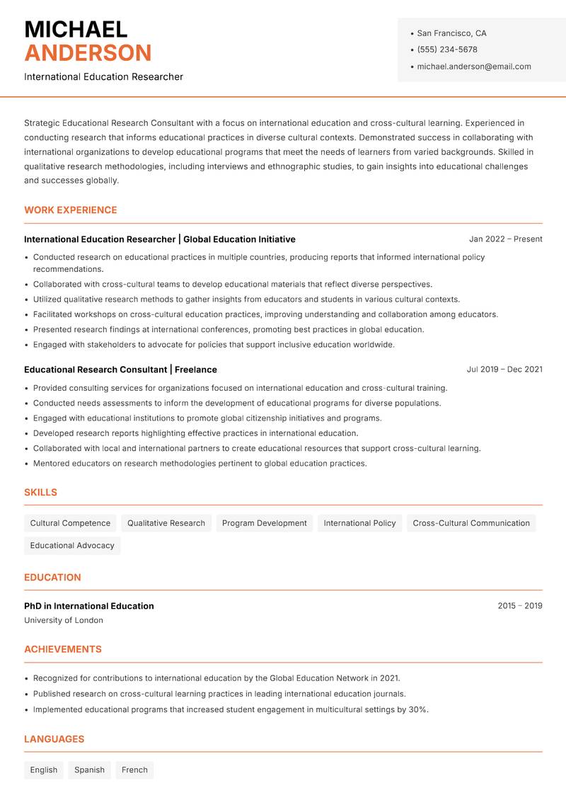 Educational Research Consultant resume sample — International Education Researcher focus
