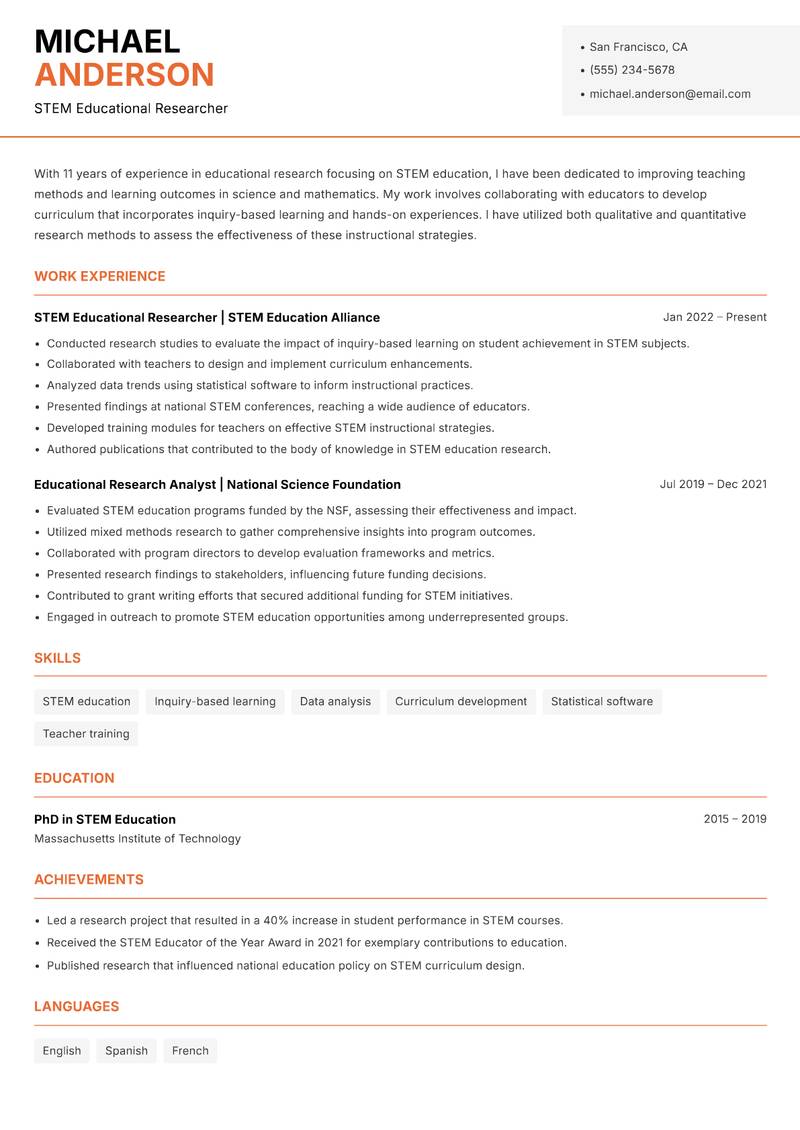 Educational Researcher resume sample — STEM Educational Researcher focus