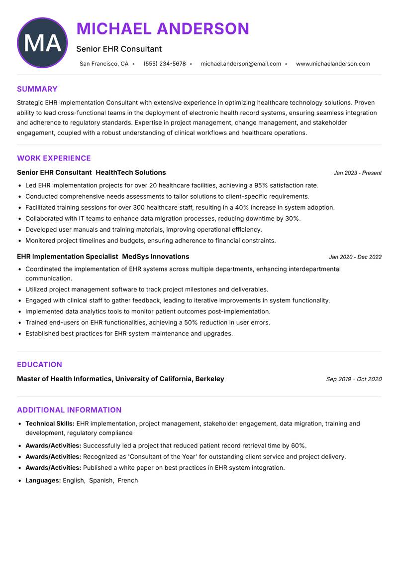 EHR Implementation Consultant resume example