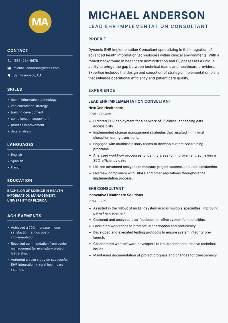 EHR Implementation Consultant resume sample — Lead EHR Implementation Consultant focus