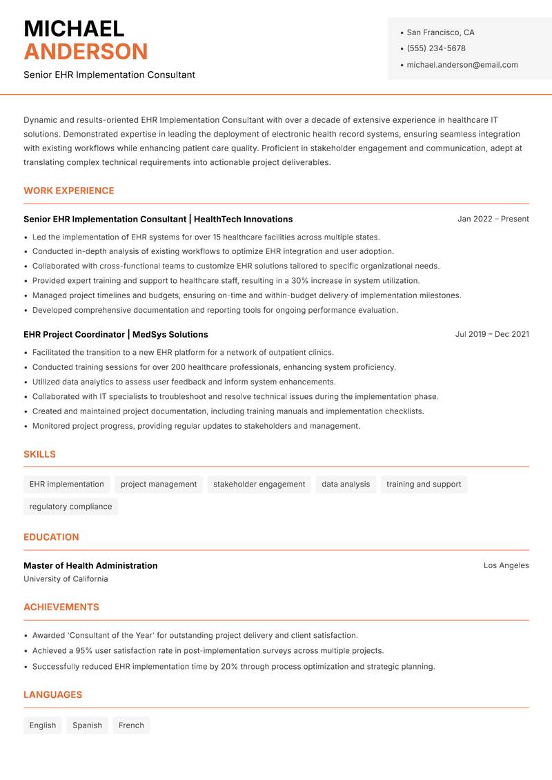 EHR Implementation Consultant resume sample — Senior EHR Implementation Consultant focus