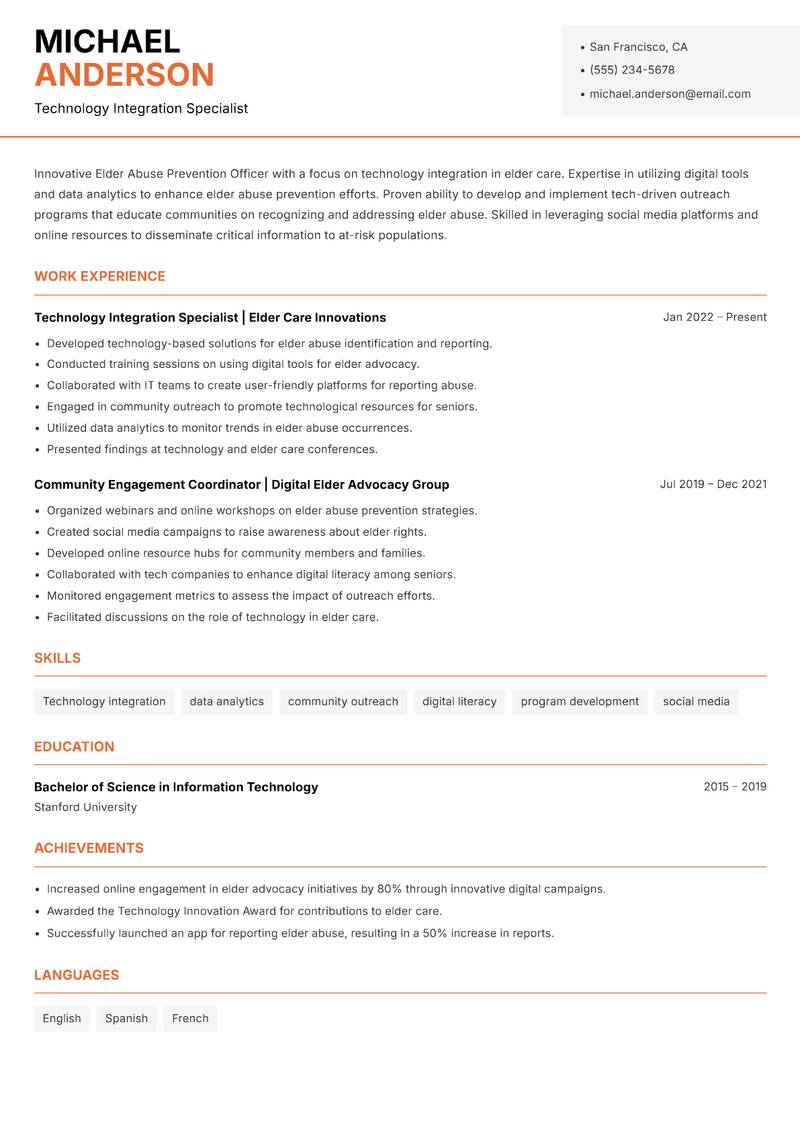 Elder Abuse Prevention Officer resume sample — Technology Integration Specialist focus