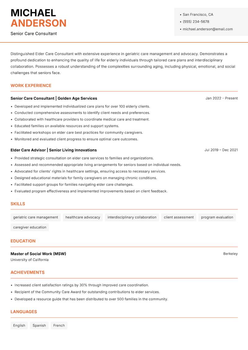 Elder Care Consultant resume sample — Senior Care Consultant focus