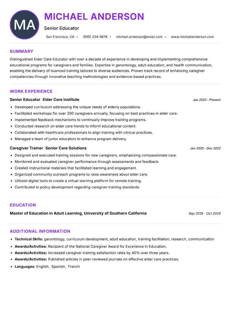 Elder Care Educator resume example