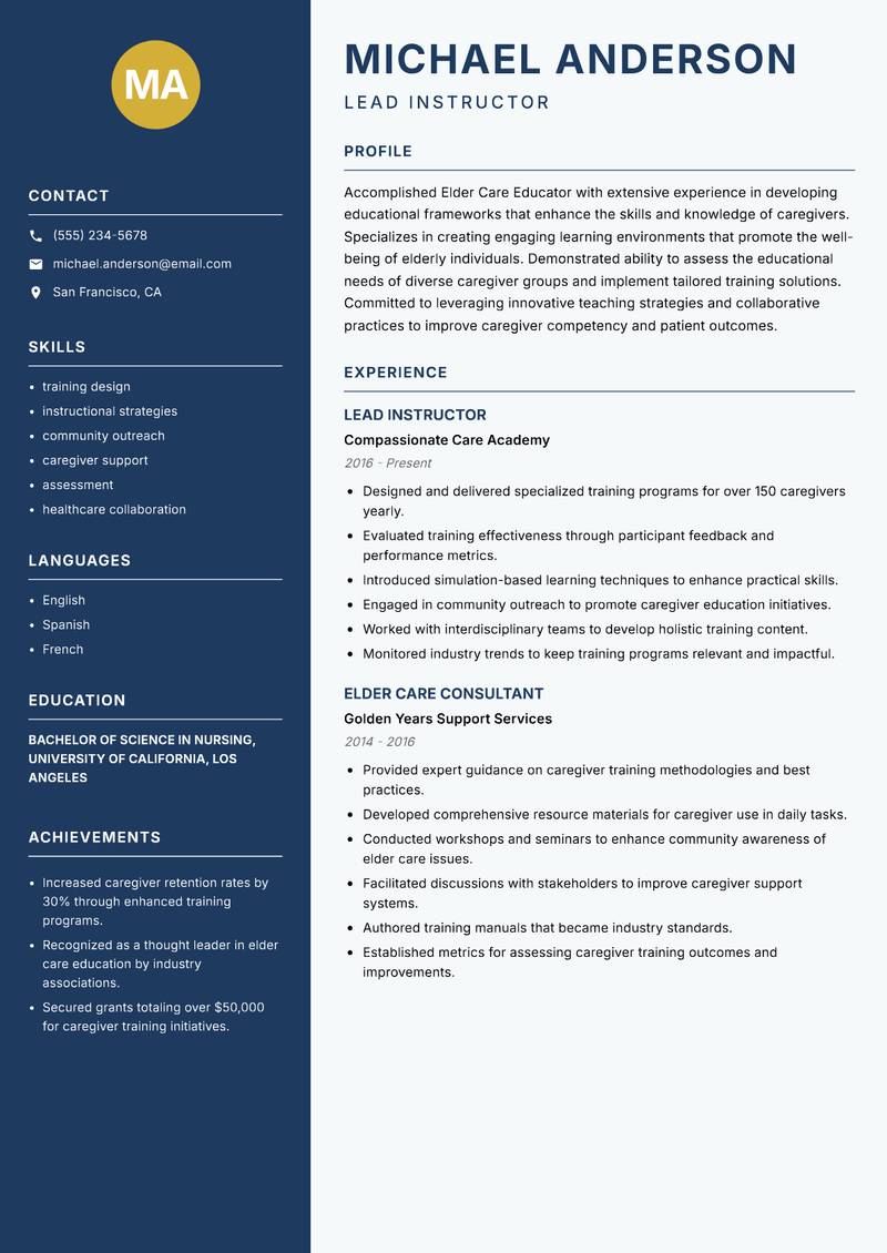 Elder Care Educator resume sample — Lead Instructor focus