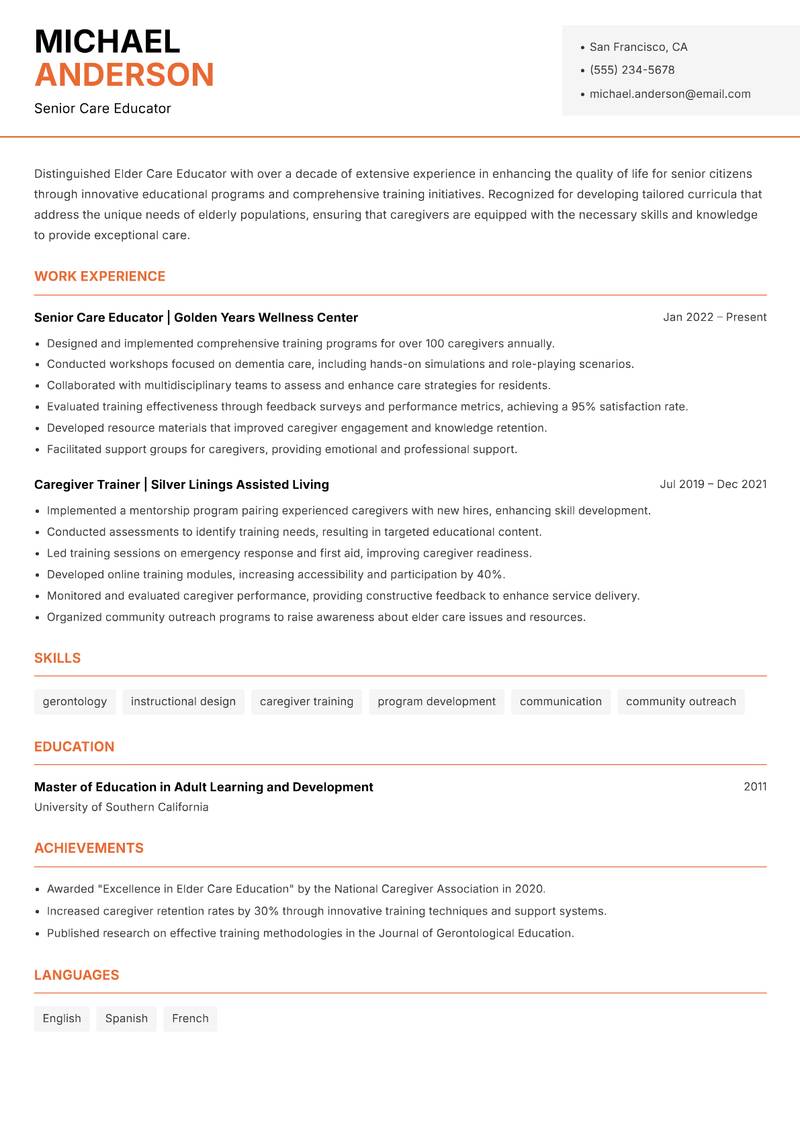 Elder Care Educator resume sample — Senior Care Educator focus