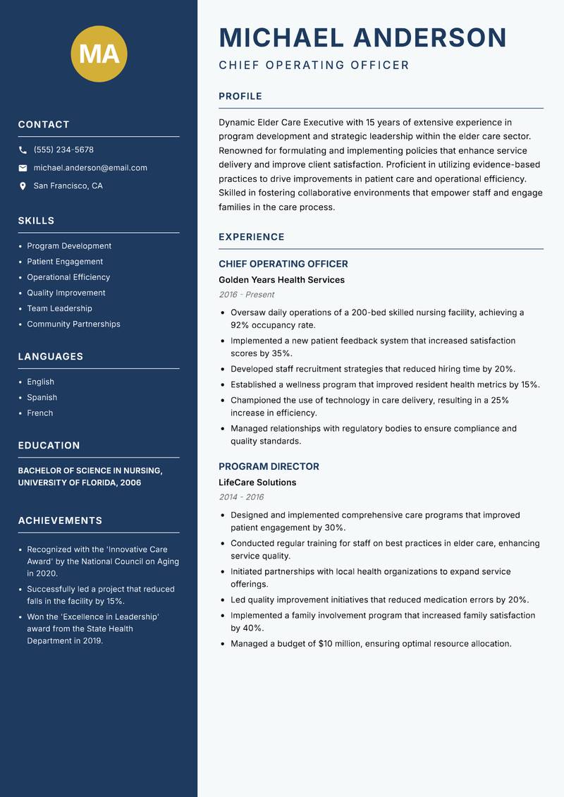 Elder Care Executive resume sample — Chief Operating Officer focus