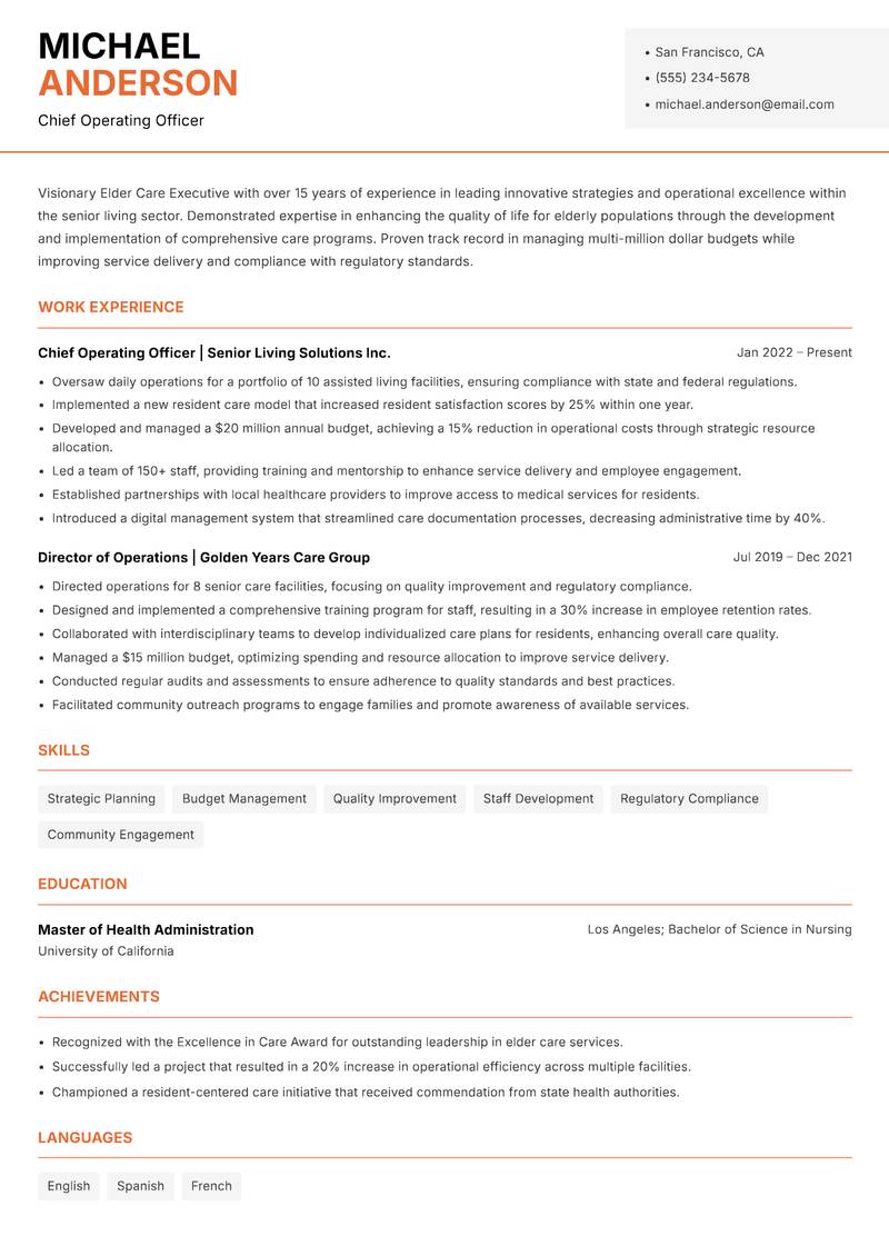Elder Care Executive resume sample — Chief Operating Officer focus