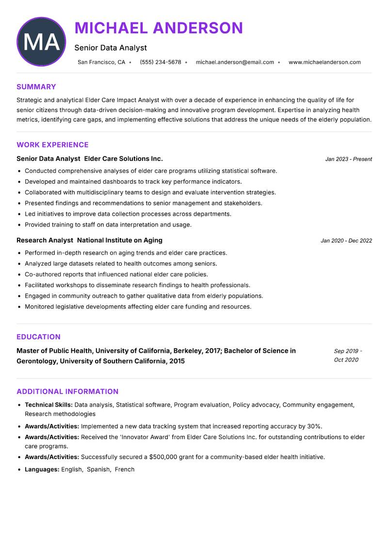 Elder Care Impact Analyst resume example