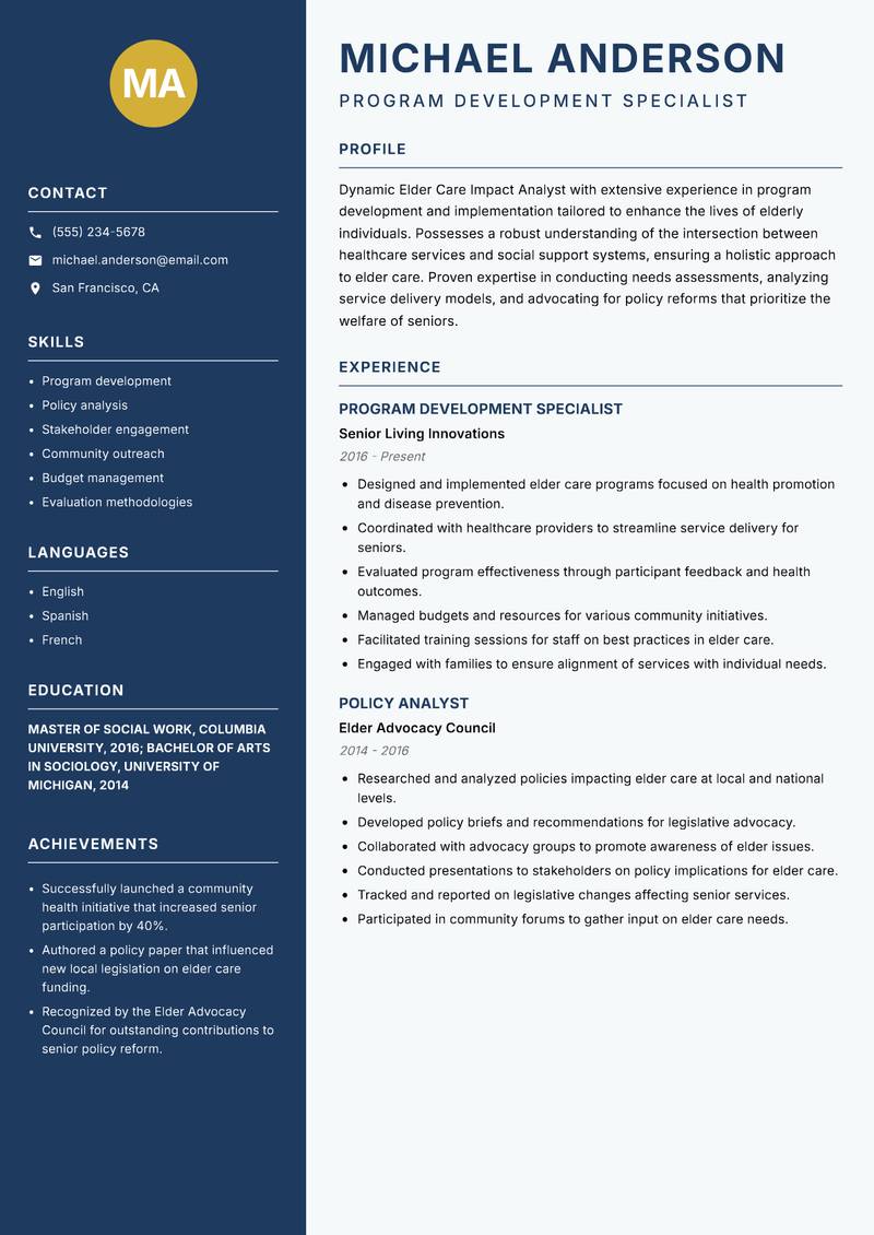 Elder Care Impact Analyst resume sample — Program Development Specialist focus