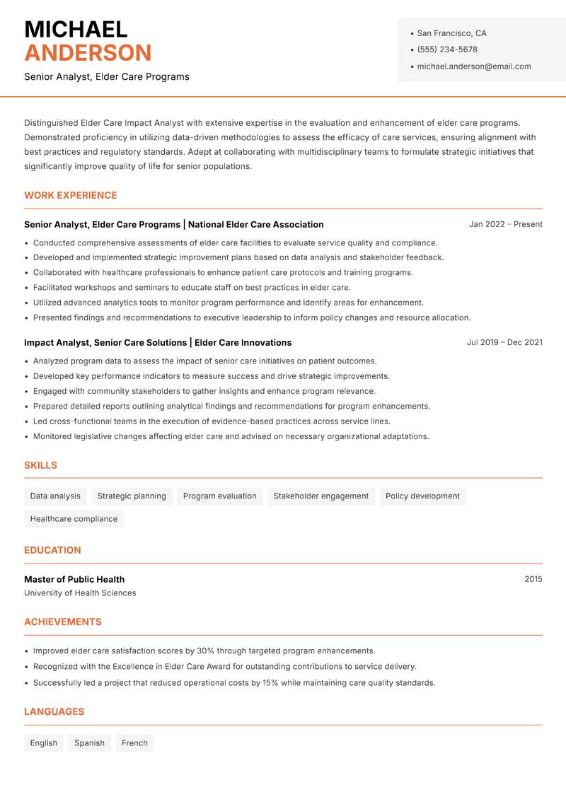 Elder Care Impact Analyst resume sample — Senior Analyst, Elder Care Programs focus