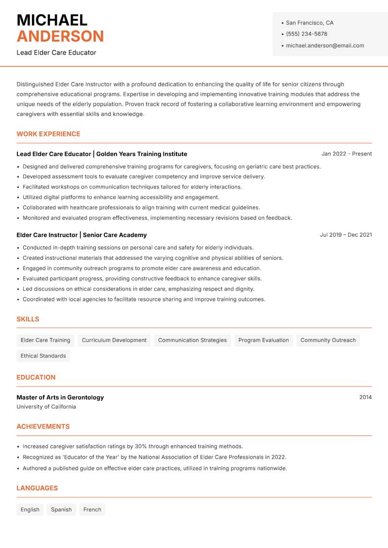 Elder Care Instructor resume sample — Lead Elder Care Educator focus
