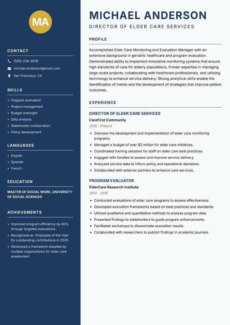 Elder Care Monitoring and Evaluation Manager resume sample — Director of Elder Care Services focus