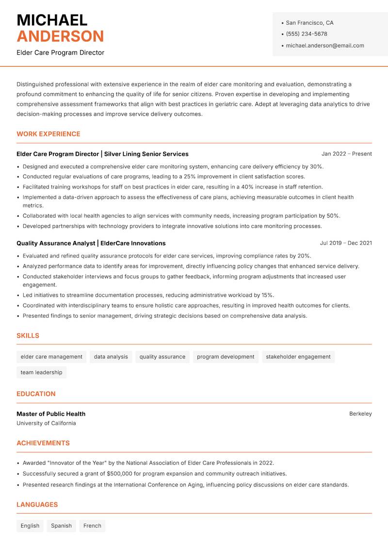 Elder Care Monitoring and Evaluation Manager resume sample — Elder Care Program Director focus