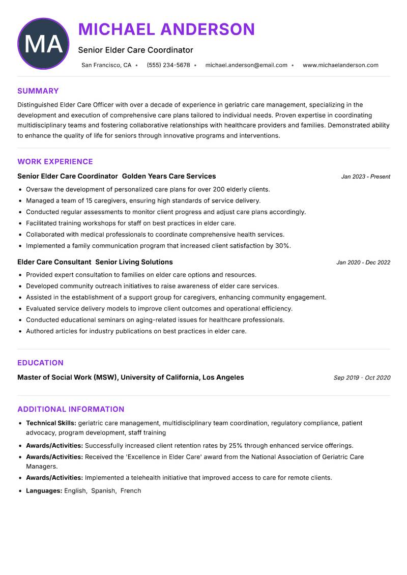 Elder Care Officer resume example