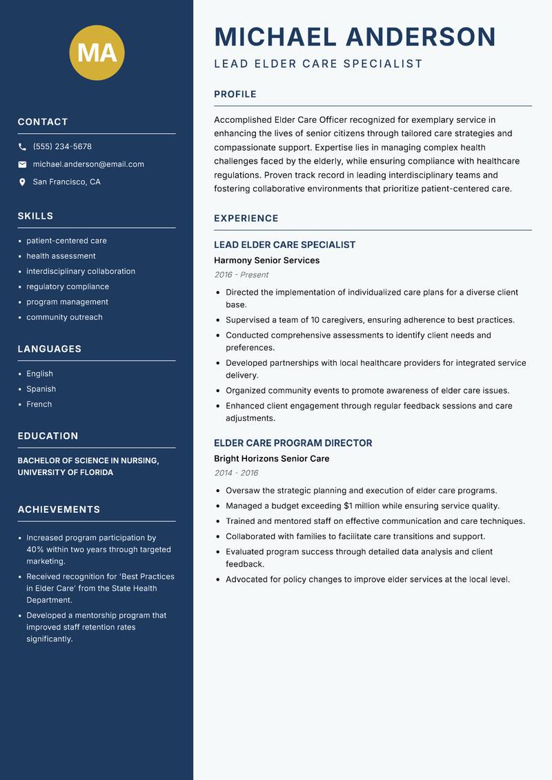 Elder Care Officer resume sample — Lead Elder Care Specialist focus