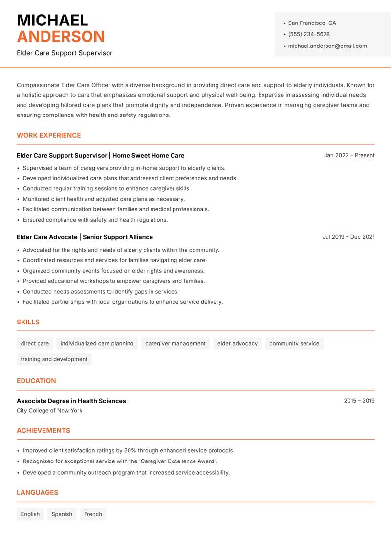 Elder Care Officer resume sample — Elder Care Support Supervisor focus