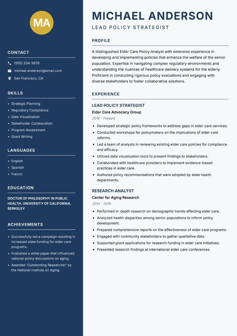 Elder Care Policy Analyst resume sample — Lead Policy Strategist focus