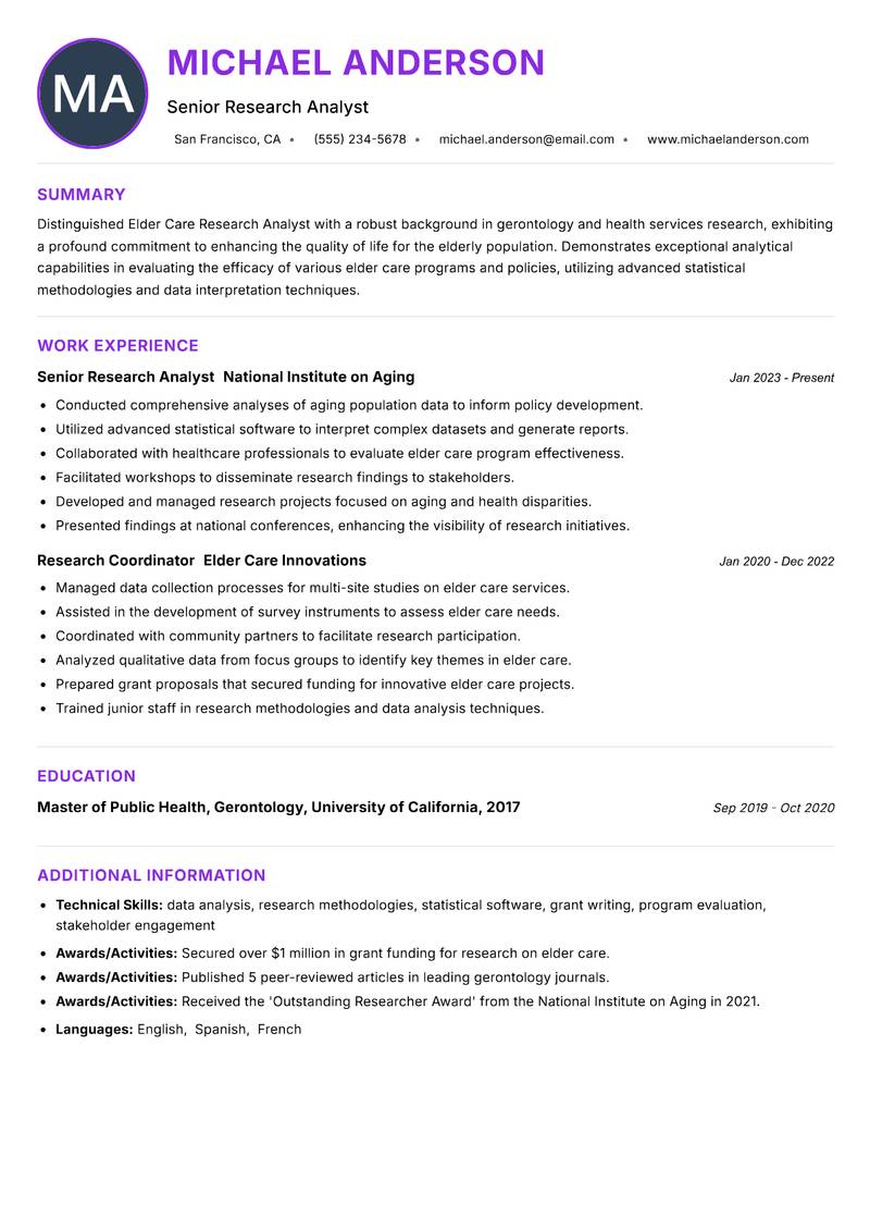 Elder Care Research Analyst resume example