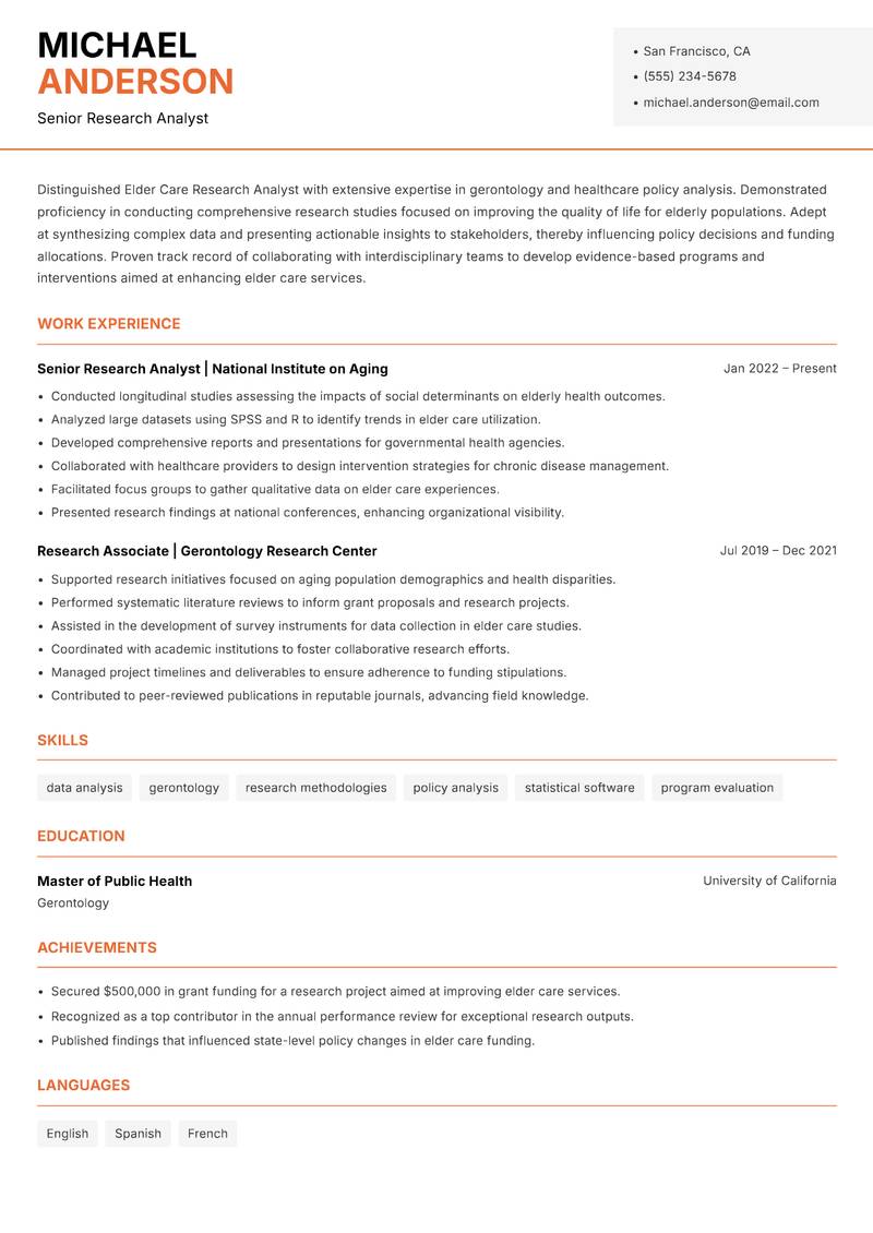 Elder Care Research Analyst resume sample — Senior Research Analyst focus