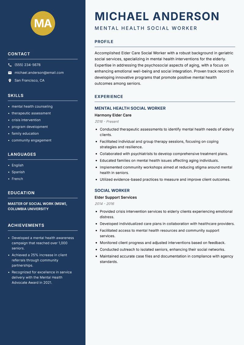 Elder Care Social Worker resume sample — Mental Health Social Worker focus