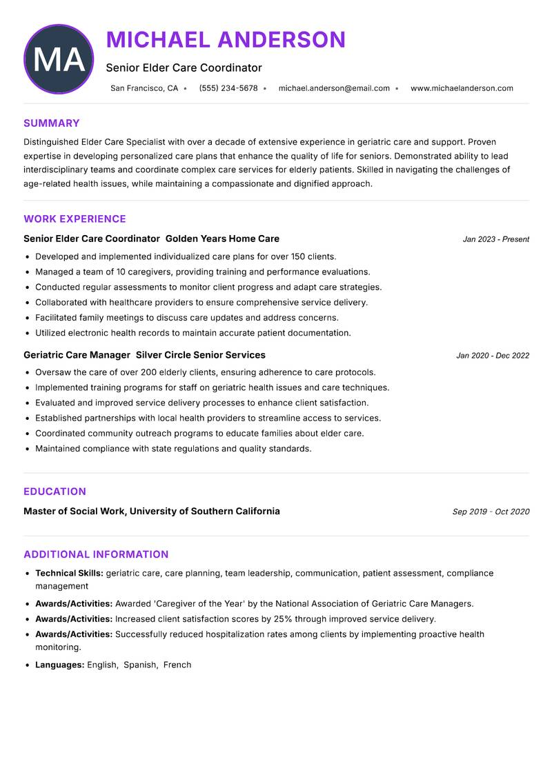 Elder Care Specialist resume example