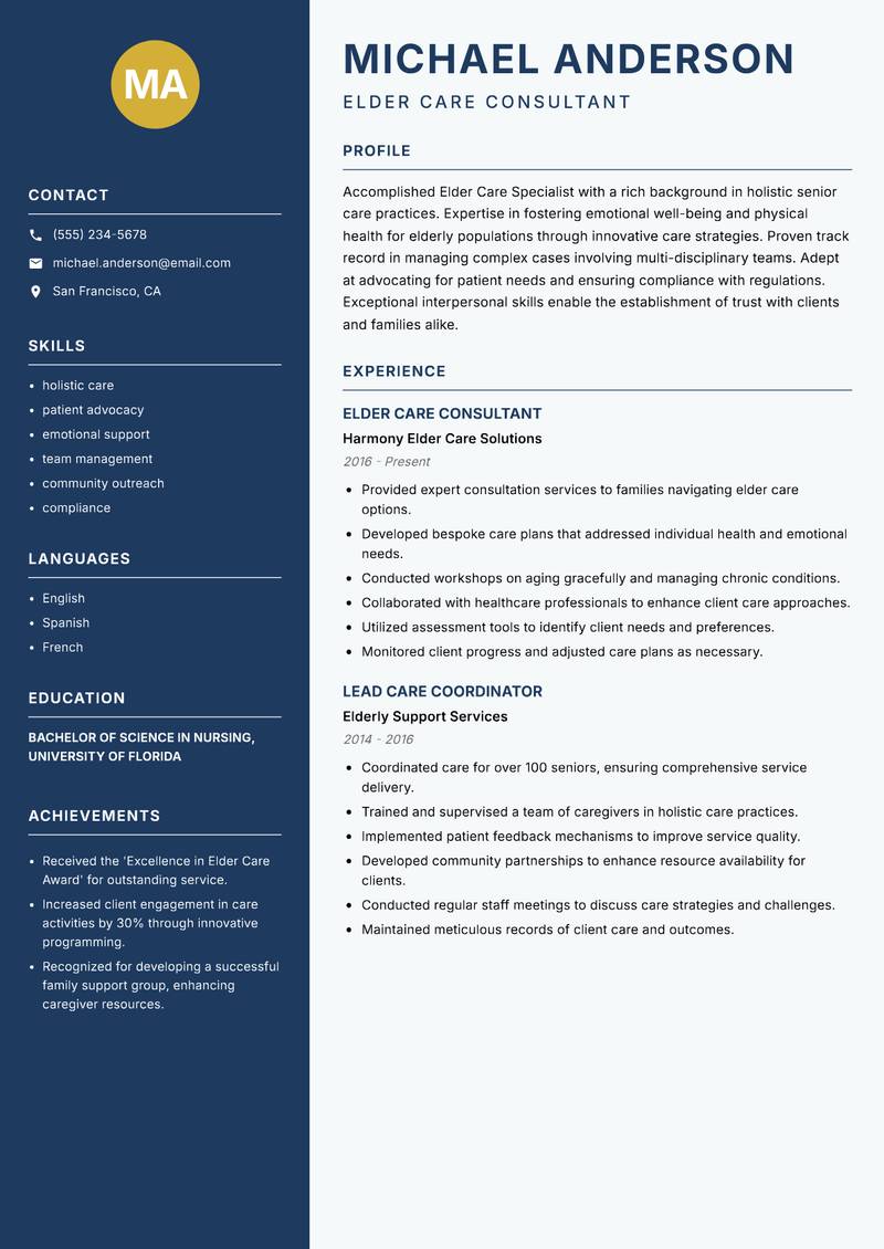 Elder Care Specialist resume sample — Elder Care Consultant focus