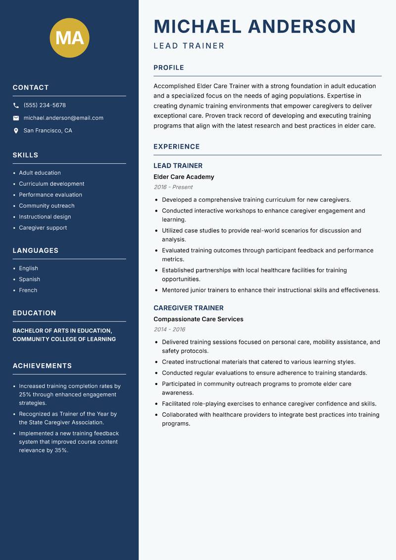 Elder Care Trainer resume sample — Lead Trainer focus
