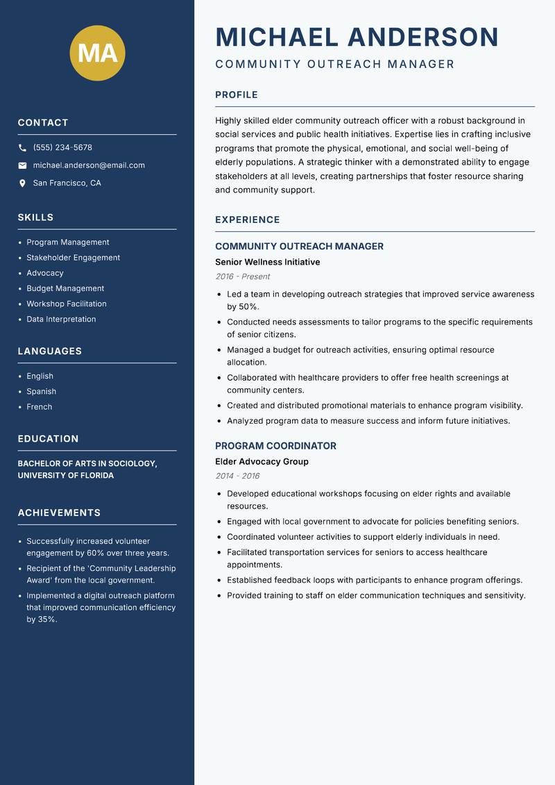Elder Community Outreach Officer resume sample — Community Outreach Manager focus