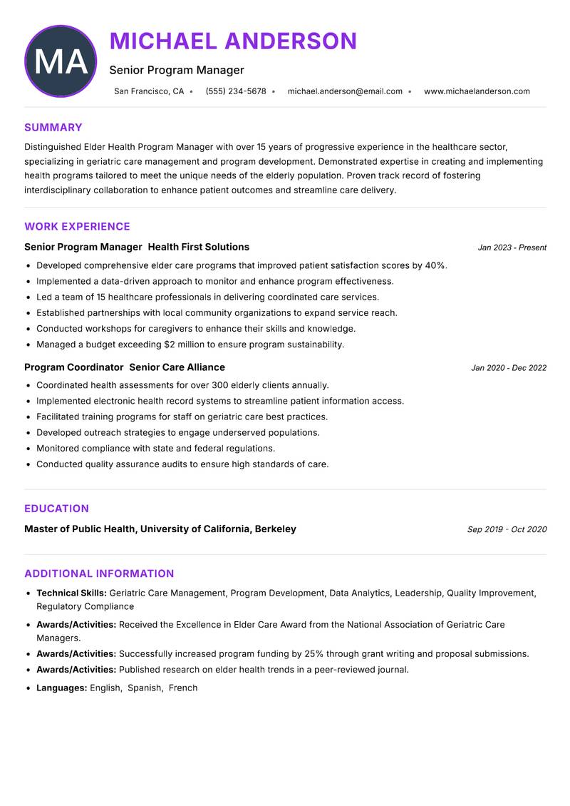 Elder Health Program Manager resume example