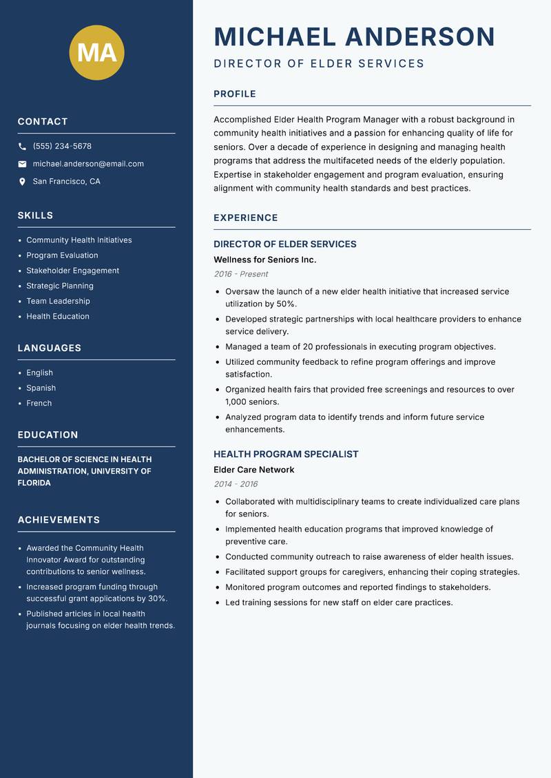 Elder Health Program Manager resume sample — Director of Elder Services focus