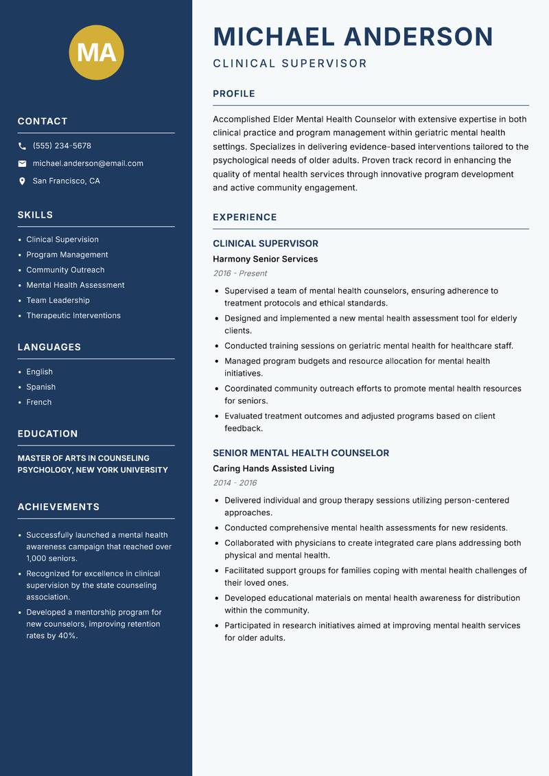 Elder Mental Health Counselor resume sample — Clinical Supervisor focus