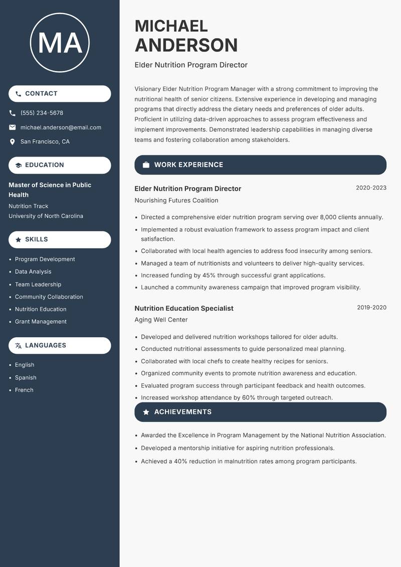Elder Nutrition Program Manager resume sample — Elder Nutrition Program Director focus