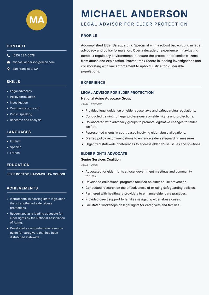 Elder Safeguarding Specialist resume sample — Legal Advisor for Elder Protection focus