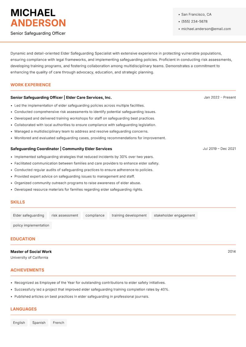 Elder Safeguarding Specialist resume sample — Senior Safeguarding Officer focus