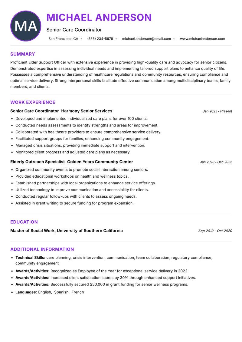 Elder Support Officer resume example