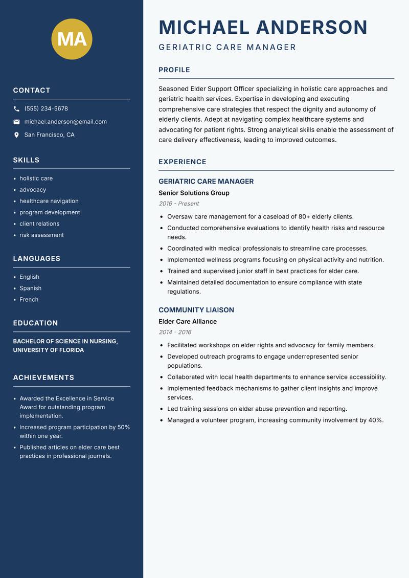 Elder Support Officer resume sample — Geriatric Care Manager focus