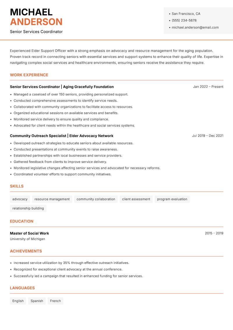 Elder Support Officer resume sample — Senior Services Coordinator focus