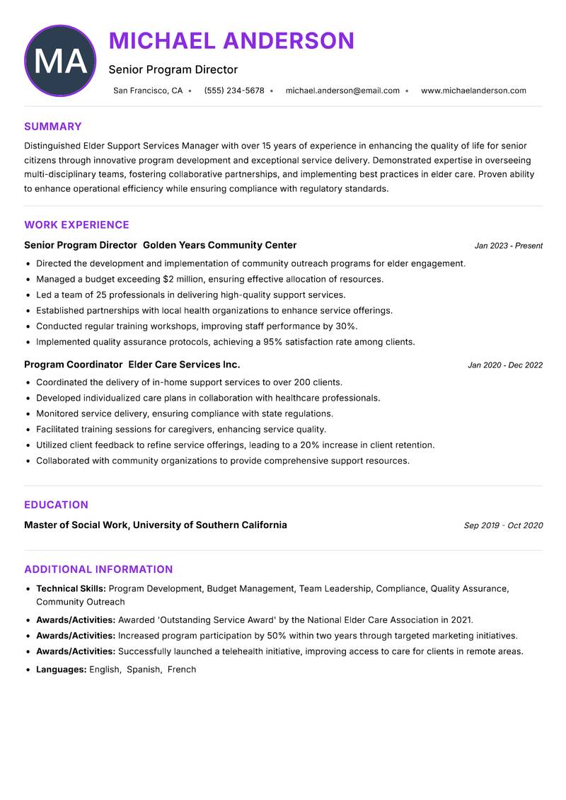 Elder Support Services Manager resume example