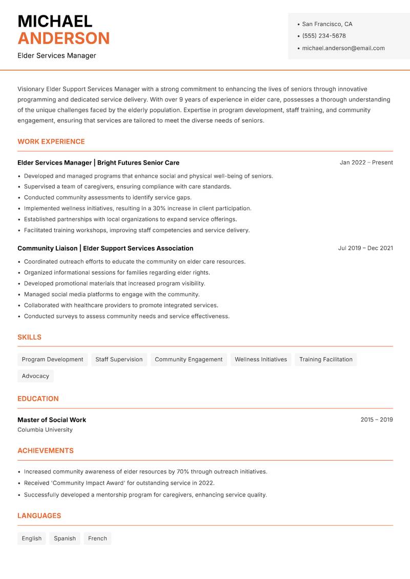 Elder Support Services Manager resume sample — Elder Services Manager focus