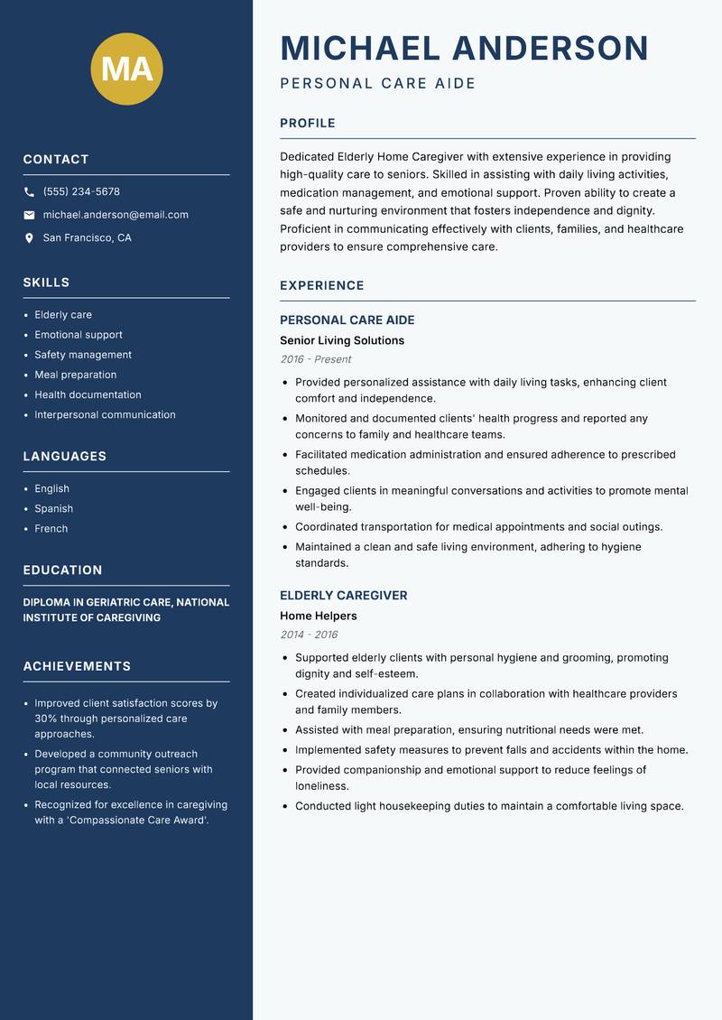 Elderly Home Caregiver resume sample — Personal Care Aide focus